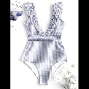 NWT ZAFUL Ruffled Shirred Striped Swimsuit